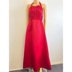 Mori Lee Red Satin Halter Formal Gown Rhinestone Vtg Party Maxi Dress size 11/12